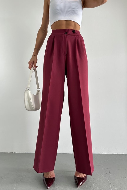 Çift Düğme Bel Lastikli Pallazzo Pantolon Bordo