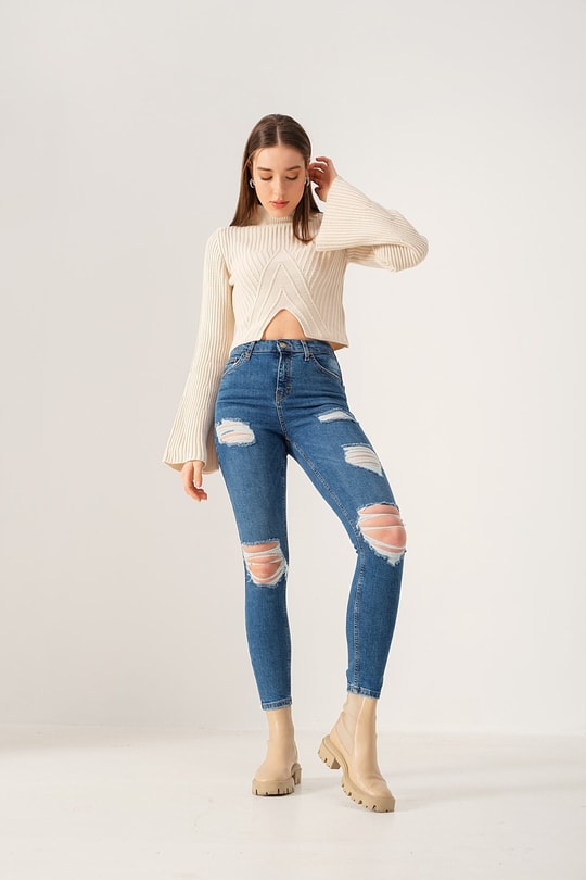 Çok Yırtıklı Skinny jean Koyu Mavi