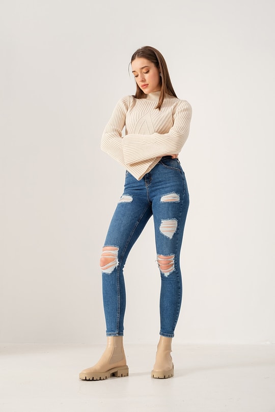 Çok Yırtıklı Skinny jean Koyu Mavi