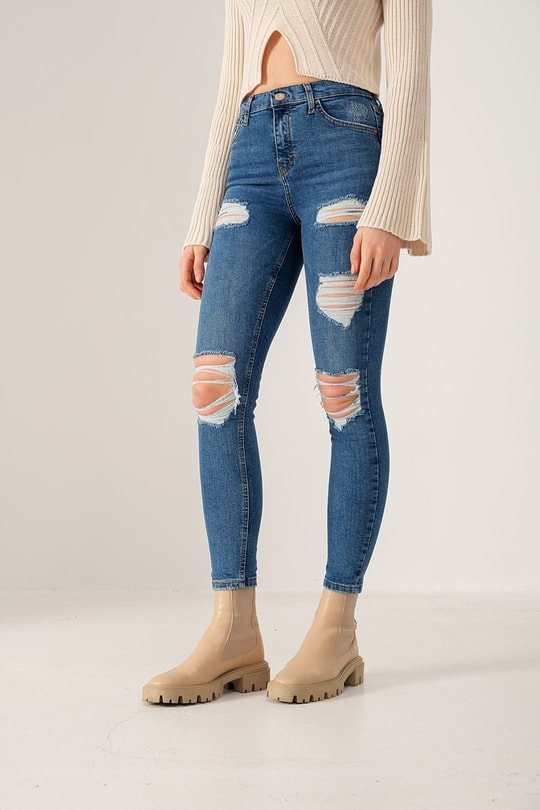 Çok Yırtıklı Skinny jean Koyu Mavi