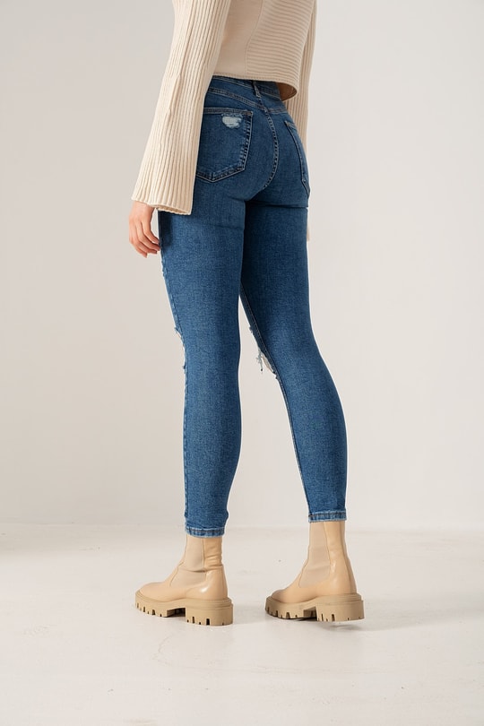 Çok Yırtıklı Skinny jean Koyu Mavi