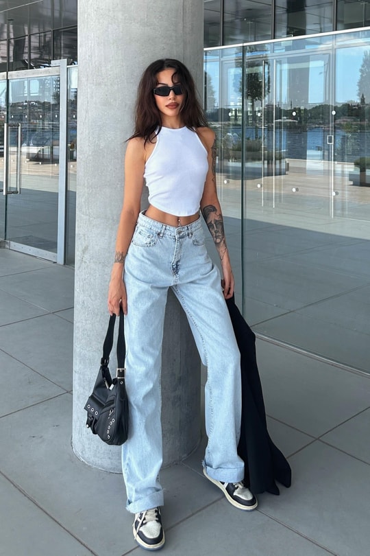 Crop Kesim Straight Jean Buz Mavi