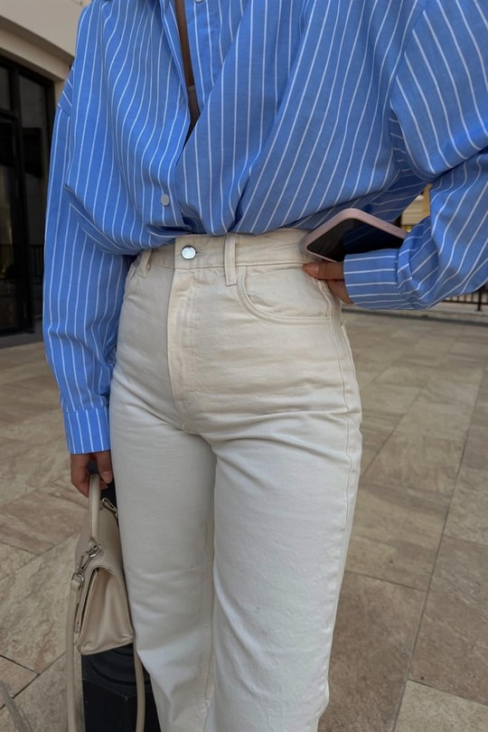 Crop Kesim Yüksek Bel Jean Krem