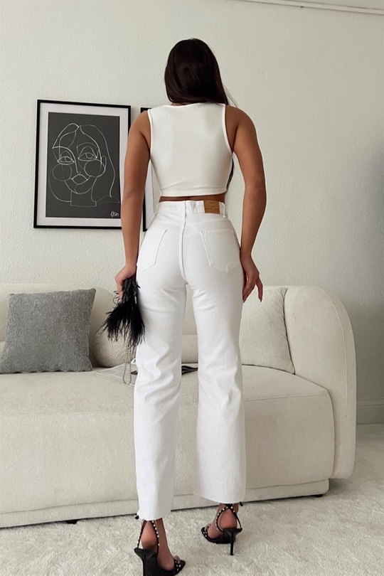 Crop Wide Leg Jean Beyaz