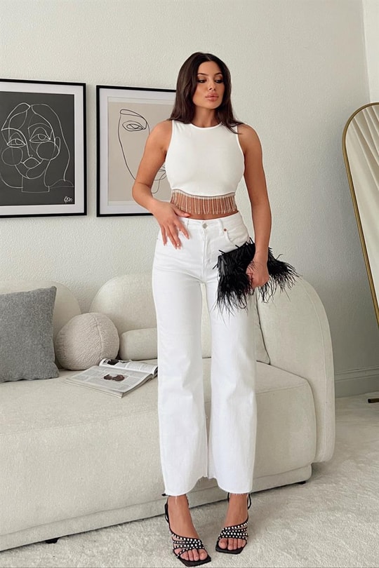 Crop Wide Leg Jean Beyaz
