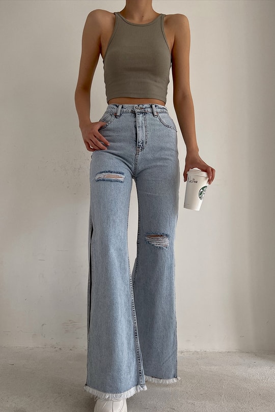 Derin Yırtmaçlı Distressed Jean Mavi