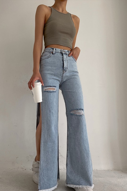 Derin Yırtmaçlı Distressed Jean Mavi