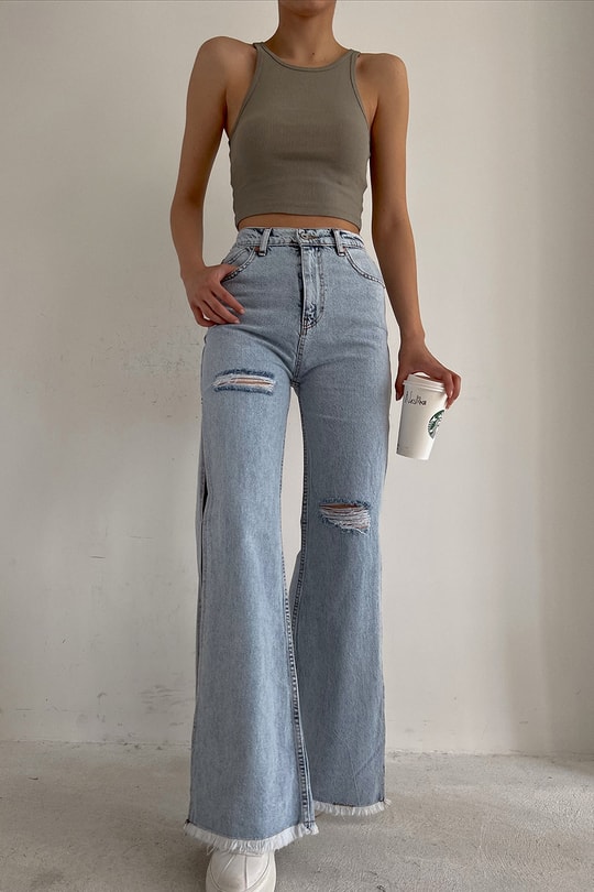 Derin Yırtmaçlı Distressed Jean Mavi