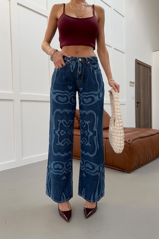 Desenli Baggy Jean Lacivert