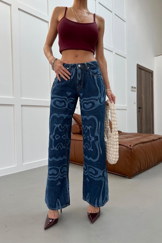 Desenli Baggy Jean Lacivert