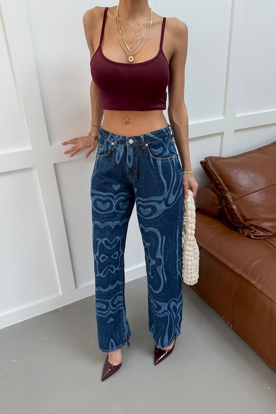 Desenli Baggy Jean Lacivert