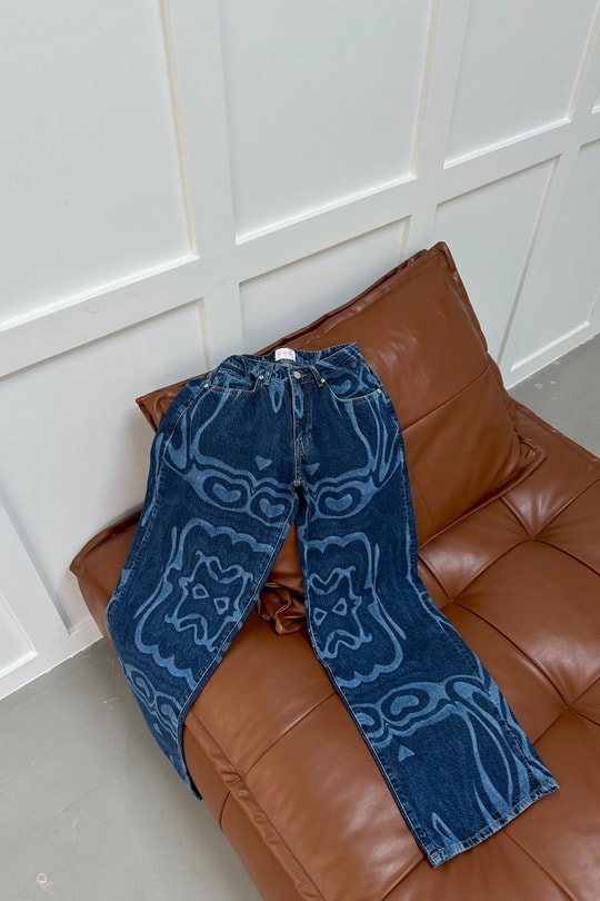 Desenli Baggy Jean Lacivert