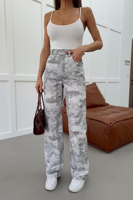 Desenli Wide Leg Jean Gri