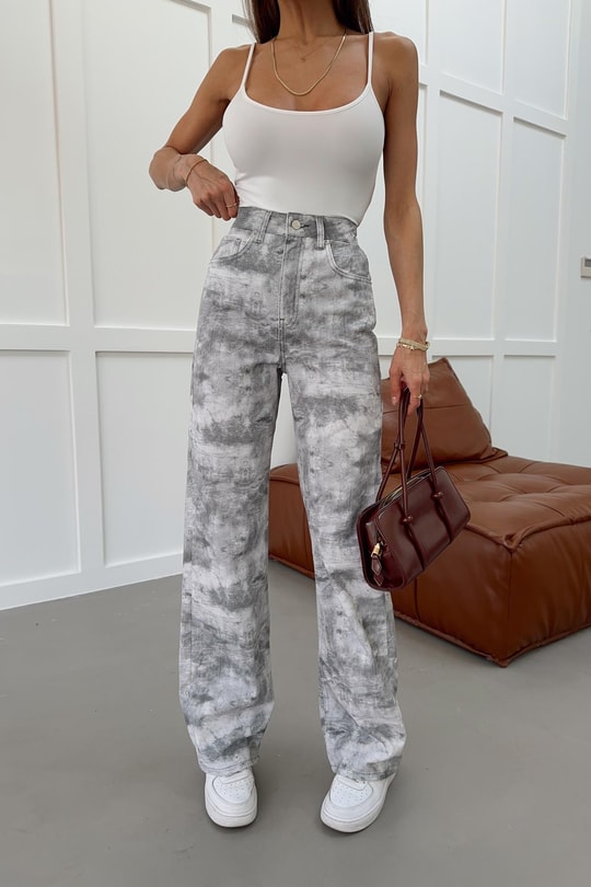 Desenli Wide Leg Jean Gri
