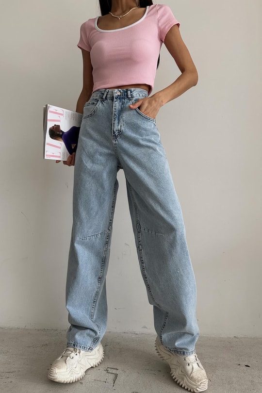 Dikiş Detay Rock Jean Buz Mavi