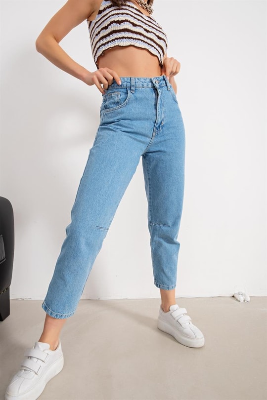 Dikiş Detay Straight Jean Koyu Mavi
