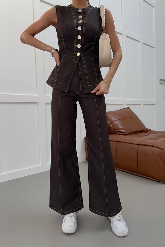 Dikiş Detay Wide Leg Jean Kahve