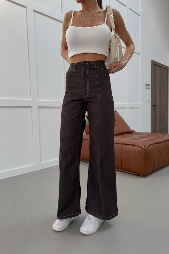Dikiş Detay Wide Leg Jean Kahve