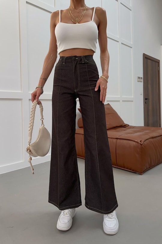 Dikiş Detay Wide Leg Jean Kahve