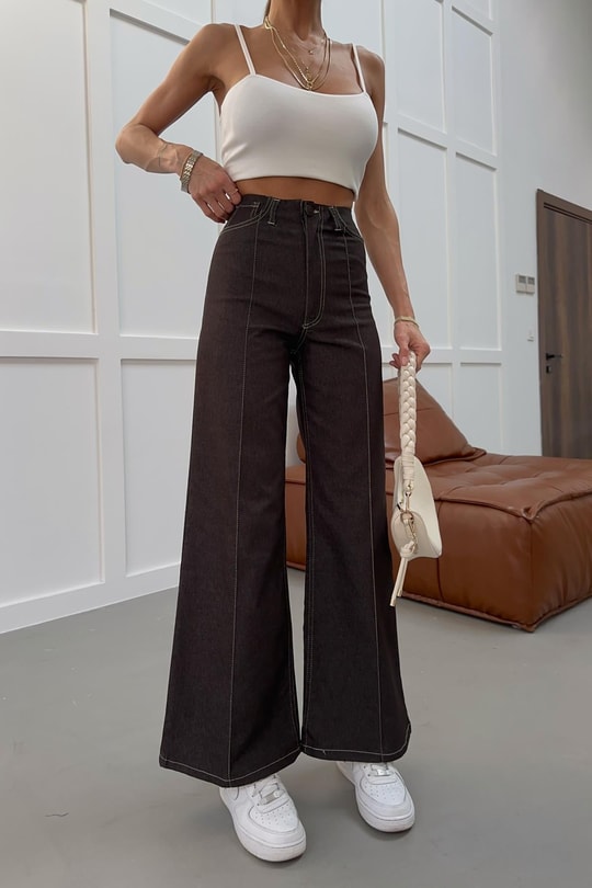 Dikiş Detay Wide Leg Jean Kahve