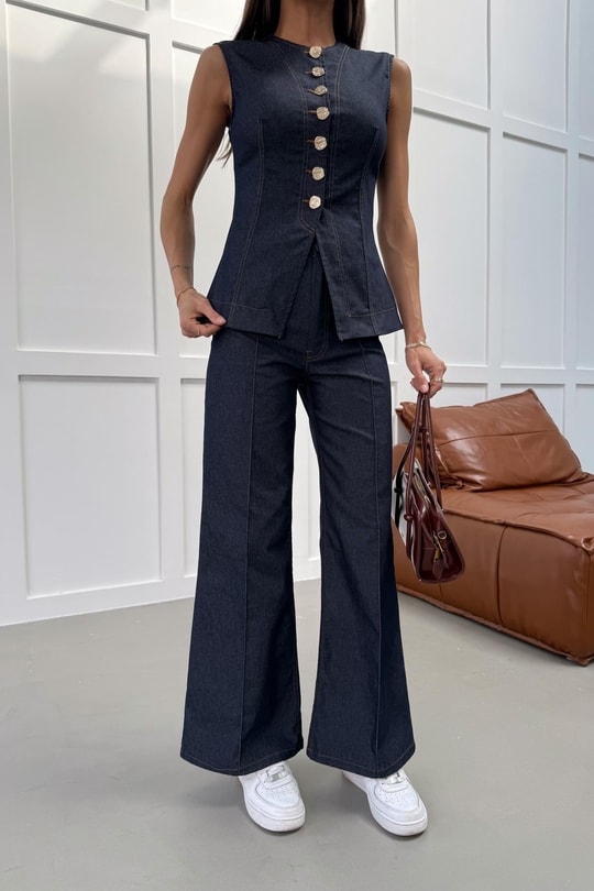 Dikiş Detay Wide Leg Jean Lacivert