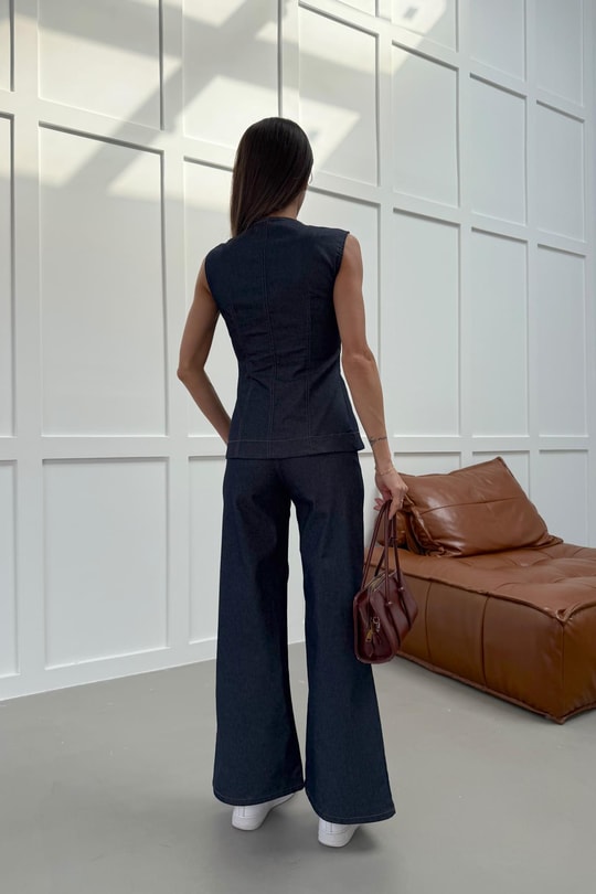Dikiş Detay Wide Leg Jean Lacivert