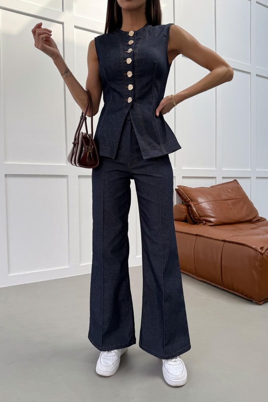 Dikiş Detay Wide Leg Jean Lacivert