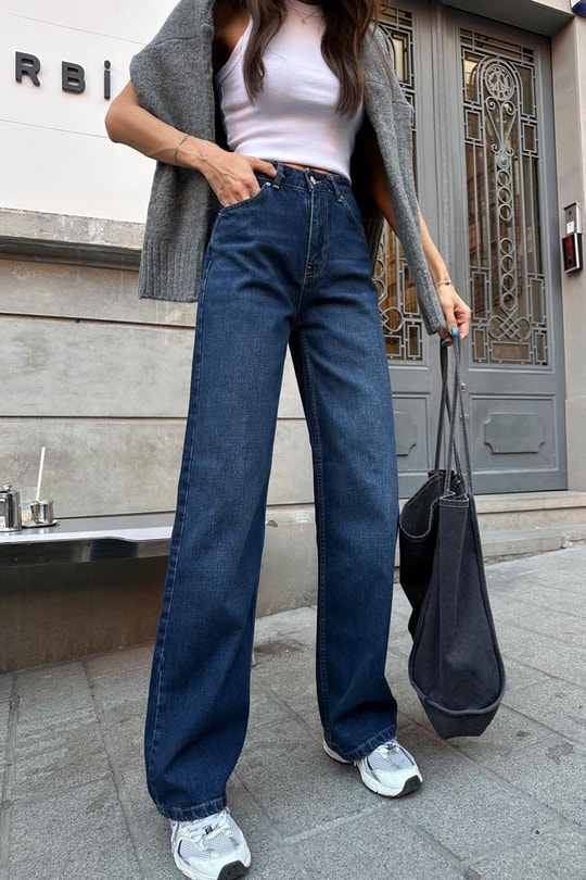 Dip Boyalı Wideleg Pantolon Lacivert