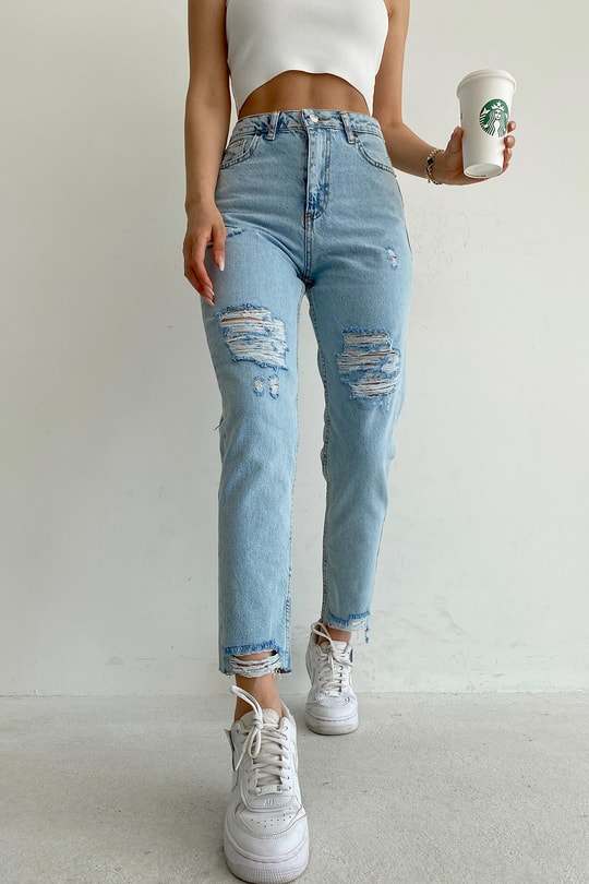 Distressed Cool Mom Jean Buz Mavi