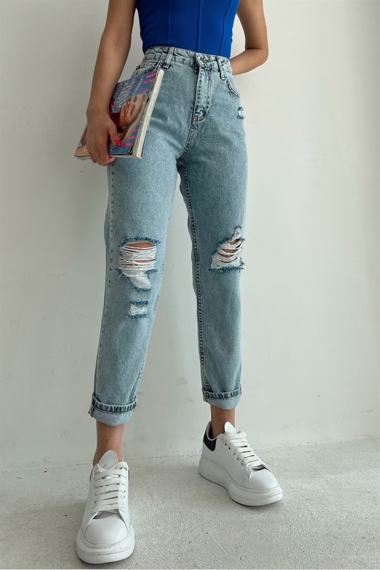 Distressed Mom Jean Açık Mavi