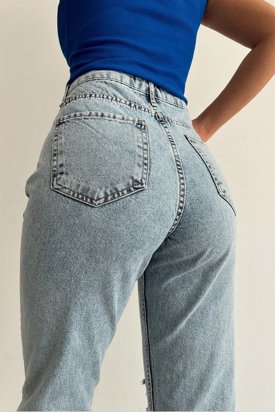 Distressed Mom Jean Açık Mavi