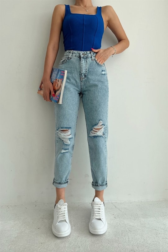 Distressed Mom Jean Açık Mavi