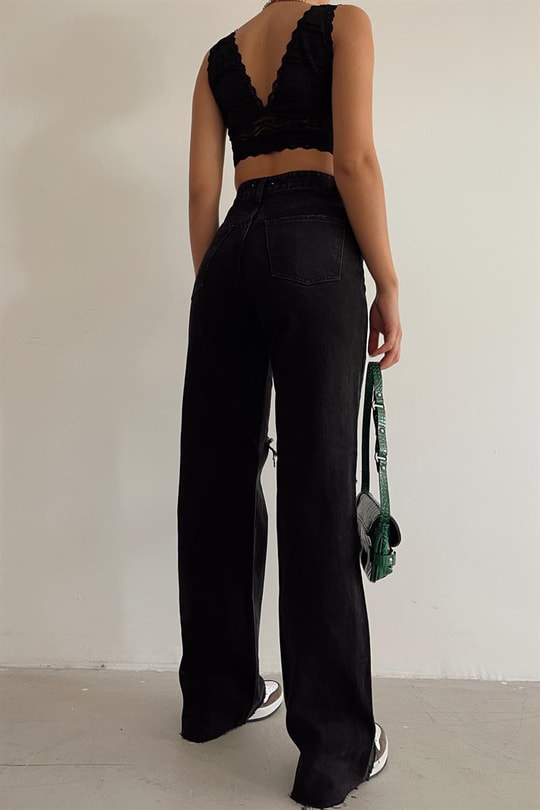Distressed Paçalı Yüksek Bel Jean Siyah