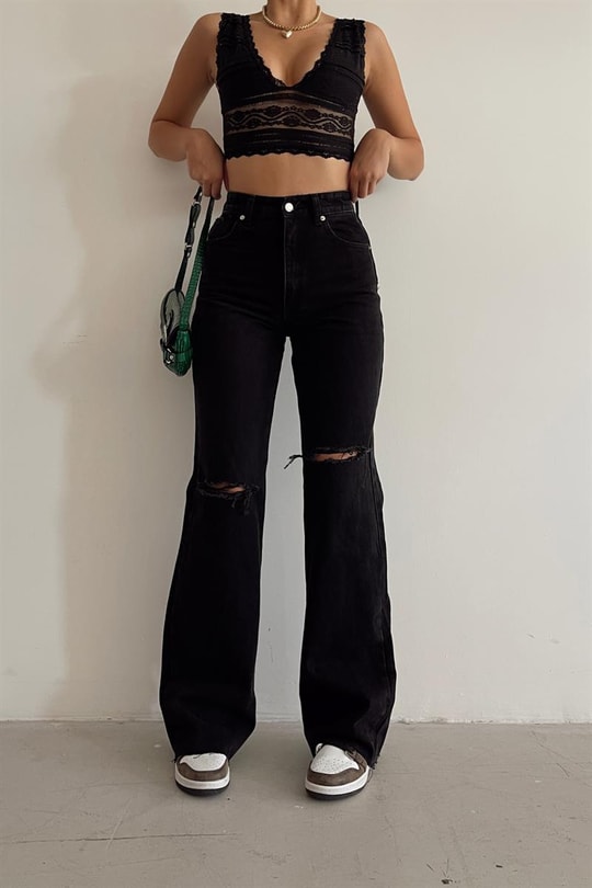 Distressed Paçalı Yüksek Bel Jean Siyah