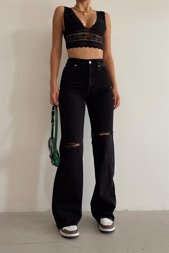 Distressed Paçalı Yüksek Bel Jean Siyah