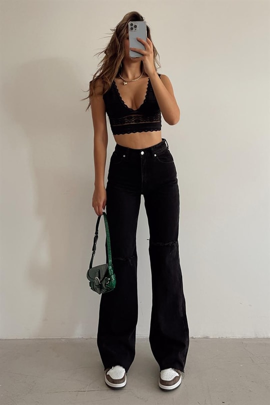 Distressed Paçalı Yüksek Bel Jean Siyah
