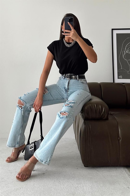 Distressed Yüksek Bel Jean Buz Mavi