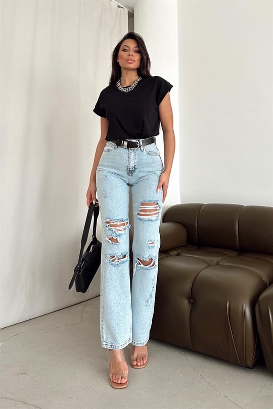 Distressed Yüksek Bel Jean Buz Mavi