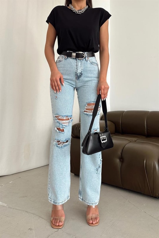 Distressed Yüksek Bel Jean Buz Mavi