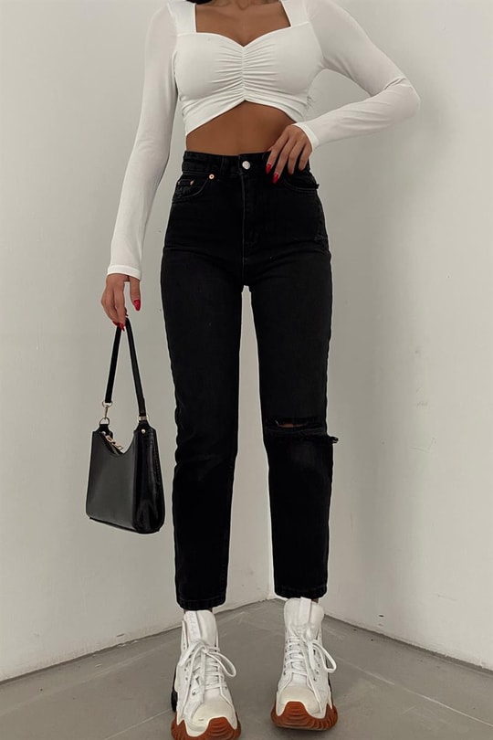 Distressed Yüksek Bel Mom Jean Siyah