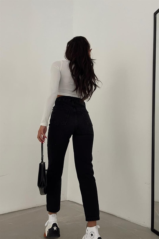 Distressed Yüksek Bel Mom Jean Siyah