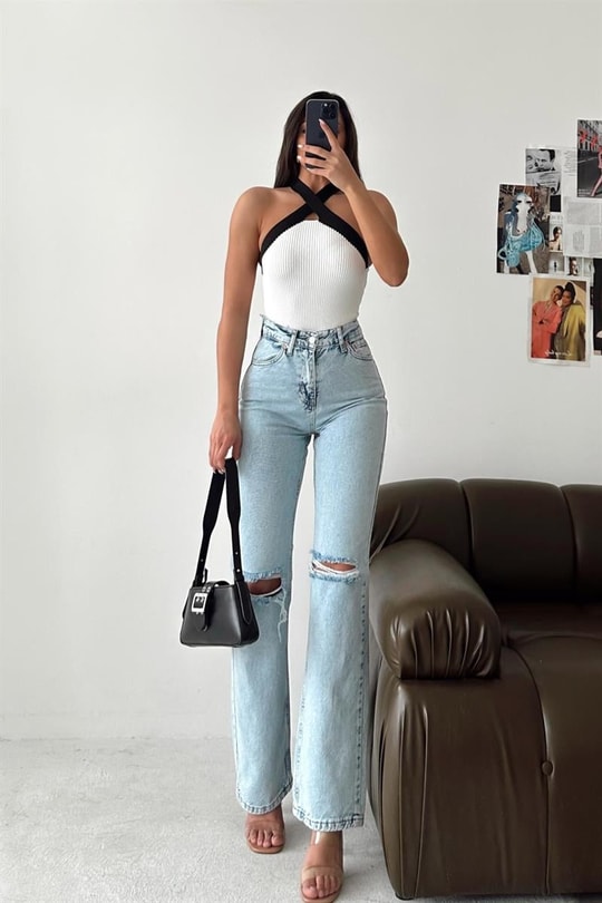 Diz Yırtık Blue Jean Buz Mavi