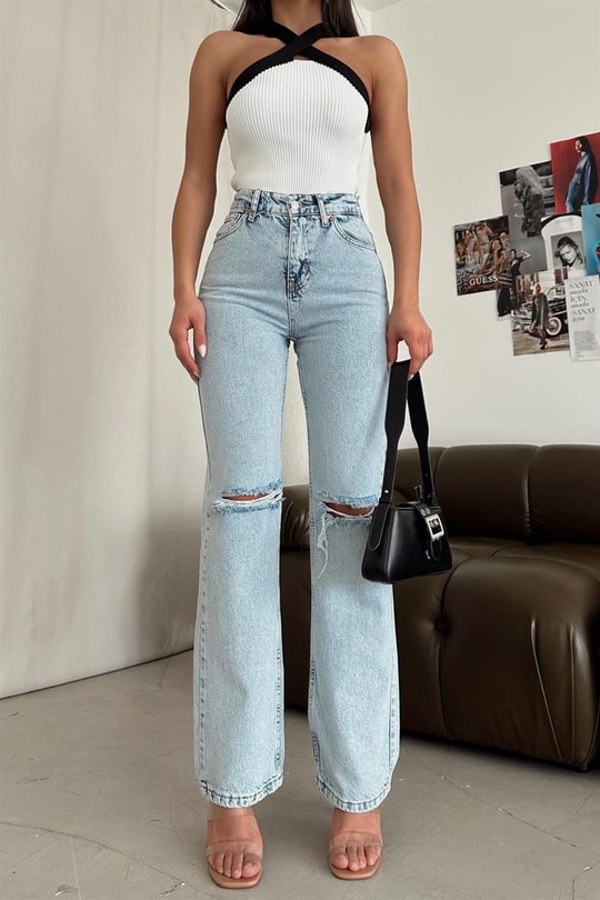Diz Yırtık Blue Jean Buz Mavi