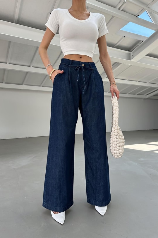 İnce Kemerli Denim Bol Pantolon Lacivert