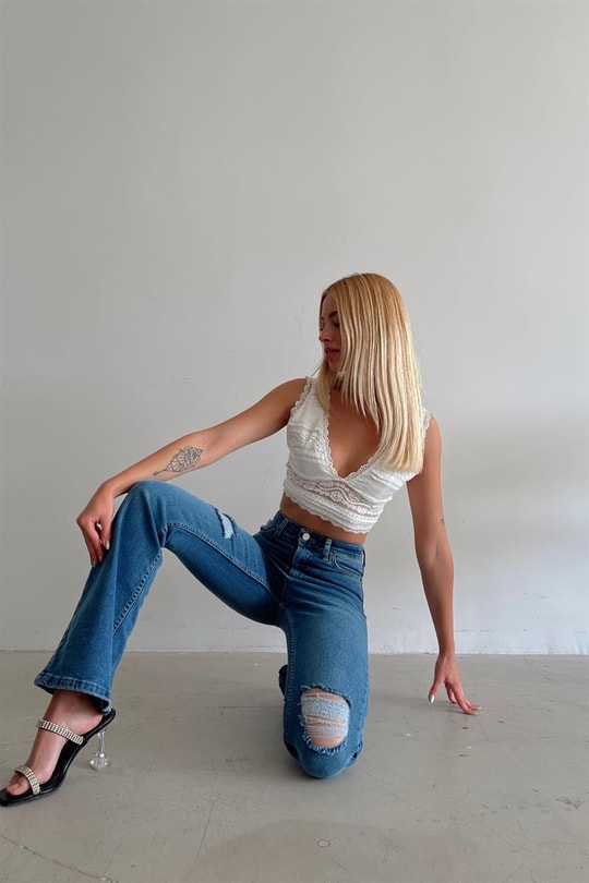 İspanyol Paça Distressed Jean Mavi