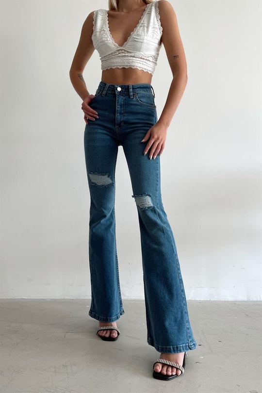 İspanyol Paça Distressed Jean Mavi