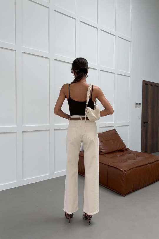 Kemerli Jean Pantolon Krem