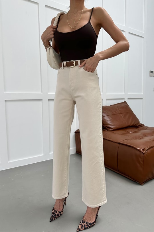 Kemerli Jean Pantolon Krem
