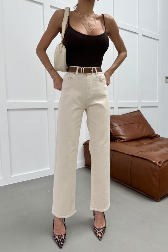 Kemerli Jean Pantolon Krem