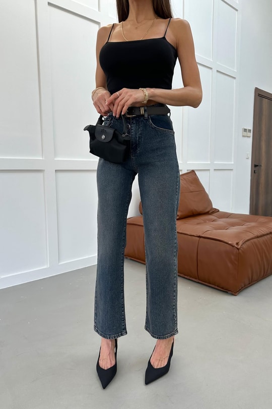 Kemerli Jean Pantolon Mavi